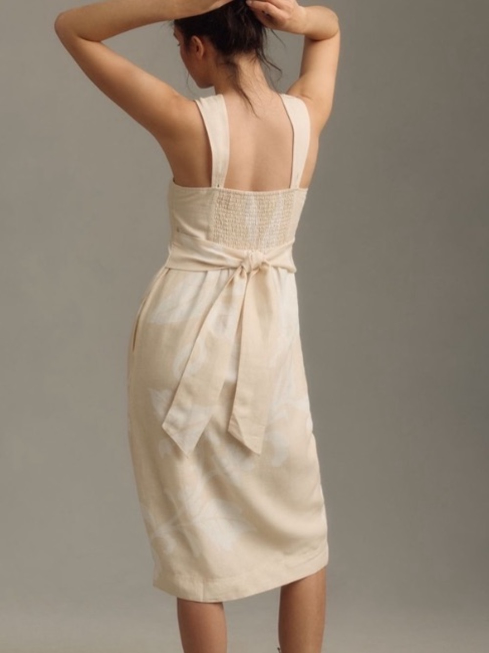 Anthropologie Pilcro Linen Blend Square Neck Smocked Tie Back Midi Dress Small